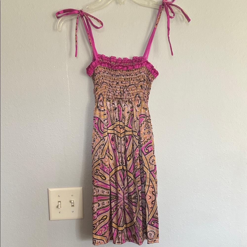 Pink & Peach Paisley Bohemian Smocked Tie-Strap Dress